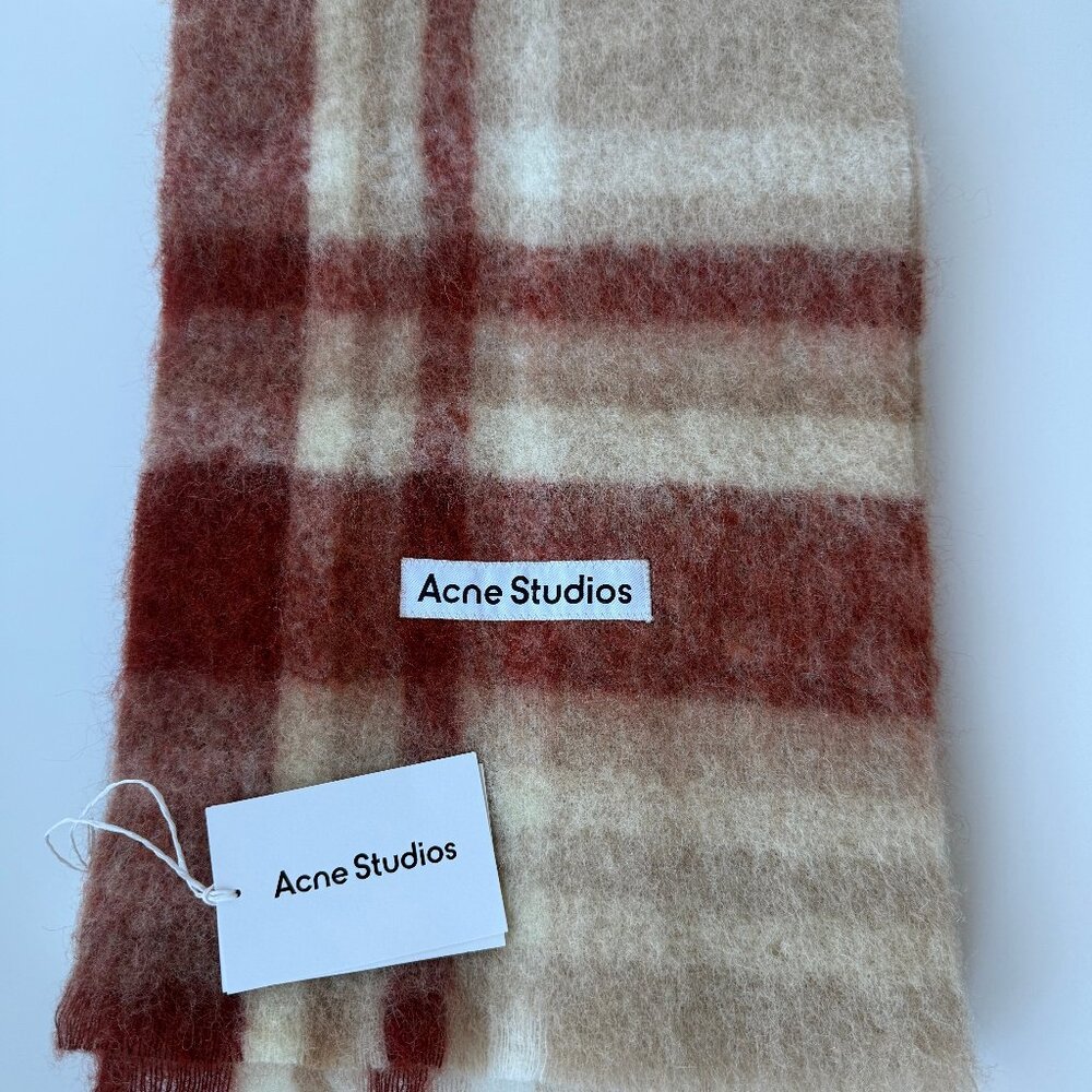 100% Original. Acne Studios Striped Mohair Blend Scarf in Cream and Rust - Picture 2 of 8